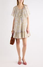 Chloé Painted Flowers Gathered Silk Charmeuse Dress