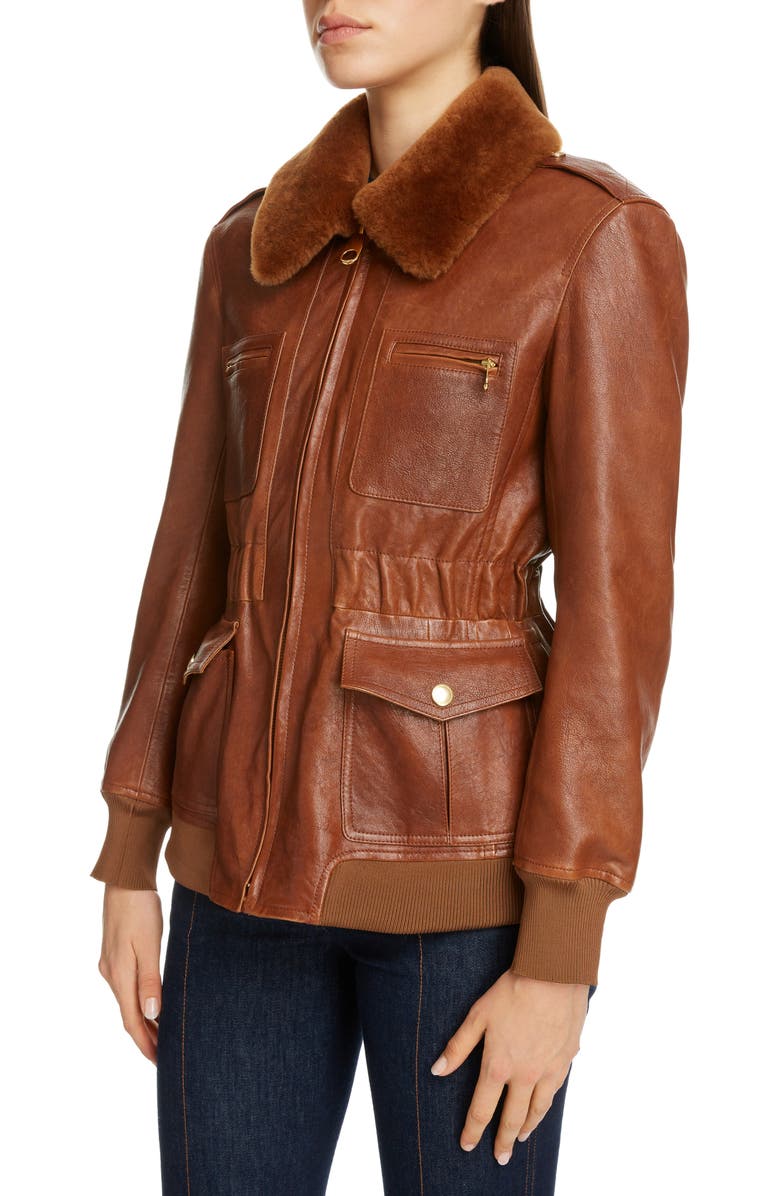 Chloé Lambskin Leather Jacket with Genuine Shearling Trim, Alternate, color,
