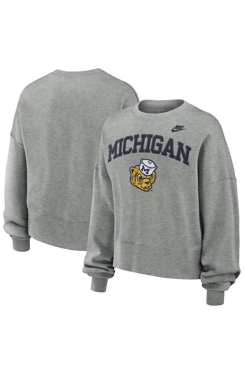 Nike Women's Nike Heather Gray Michigan Wolverines Legacy Fleece Classic Arch Oversized Cropped Tackle Twill Sweatshirt, Main, color, Heather Gray
