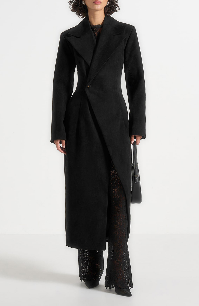 Manière De Voir Esma Suede Asymmetric Coat with Cinch Belt, Alternate, color, Black