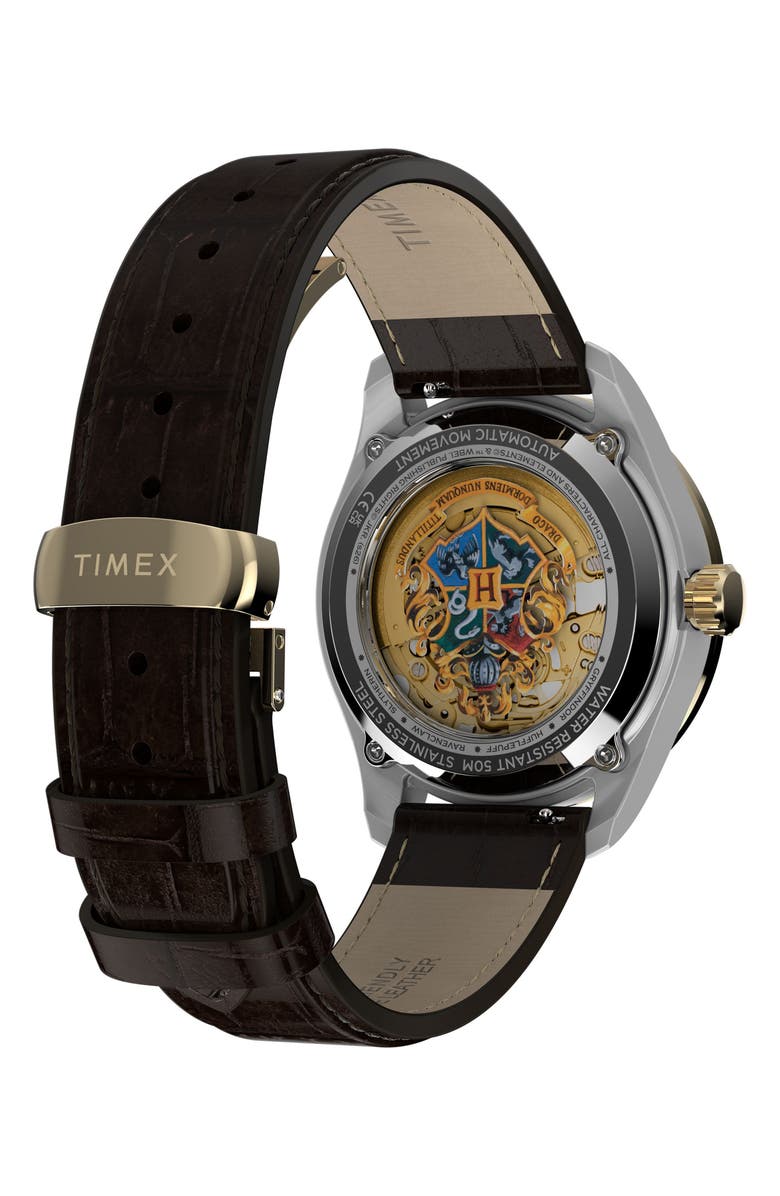 Timex<sup>®</sup> Harry Potter x Timex Waterbury Skeleton Automatic 39mm Leather Strap Watch, Alternate, color, Silver/ Gold Tone