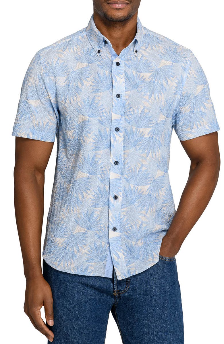 CONSTRUCT Leaf Seersucker Short Sleeve Shirt, Main, color, French Blue