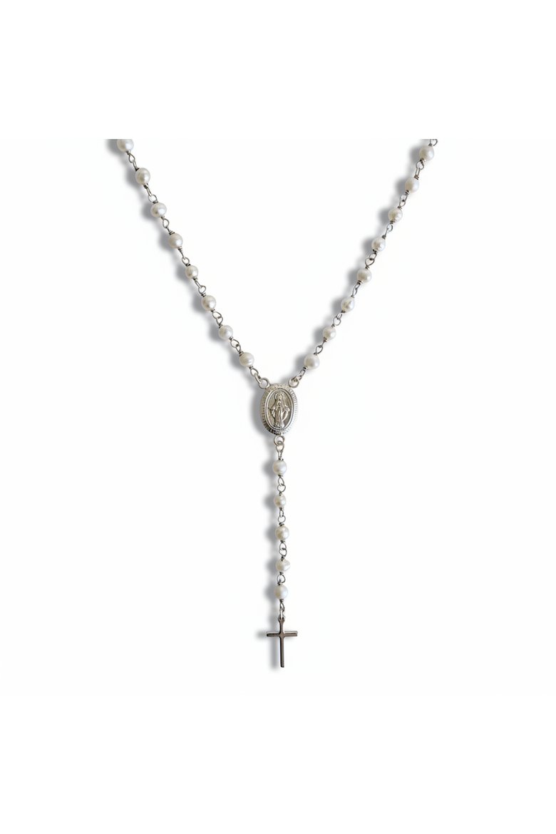 The Amelia Pearl Rosary Necklace, Main, color, White, Silver