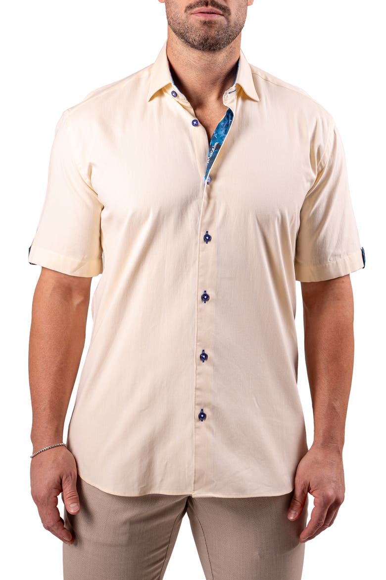 Galileo Resistance0122 Yellow Short Sleeve Cotton Button-Up Shirt, Main, color, YELLOW