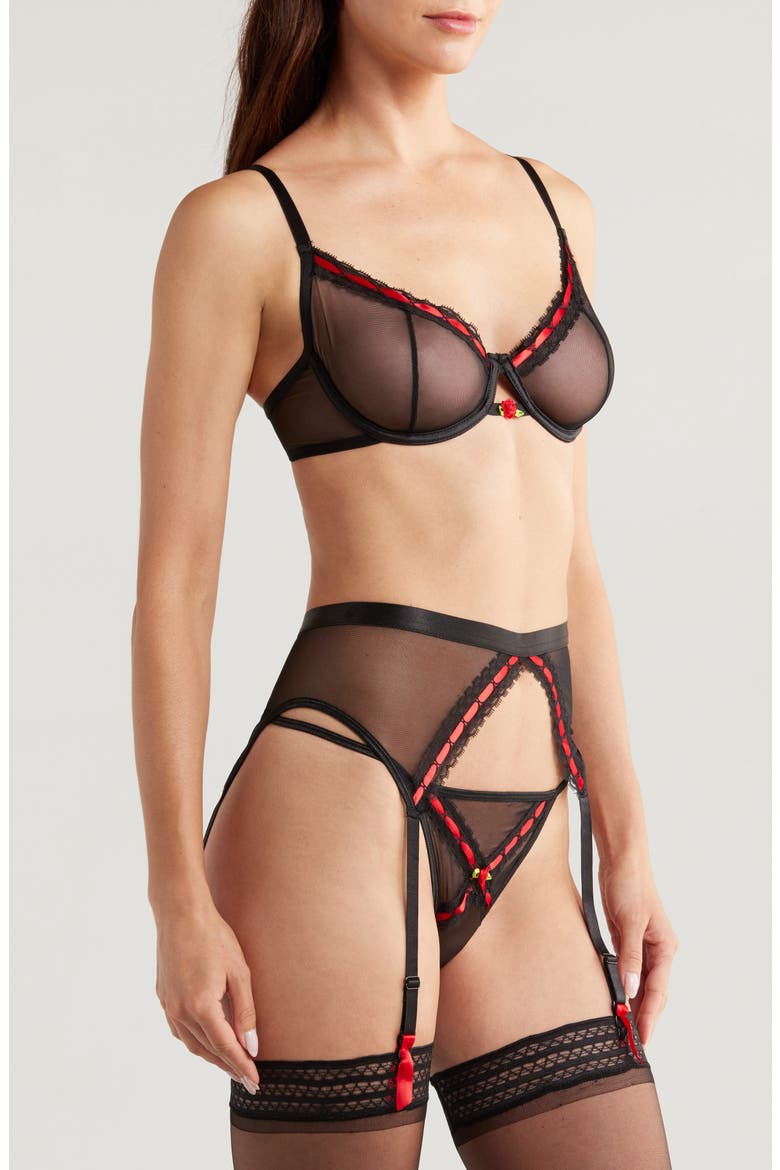 Lace Trim Mesh Underwire Bra, G-String & Garter Belt Set, Alternate, color, BLACK