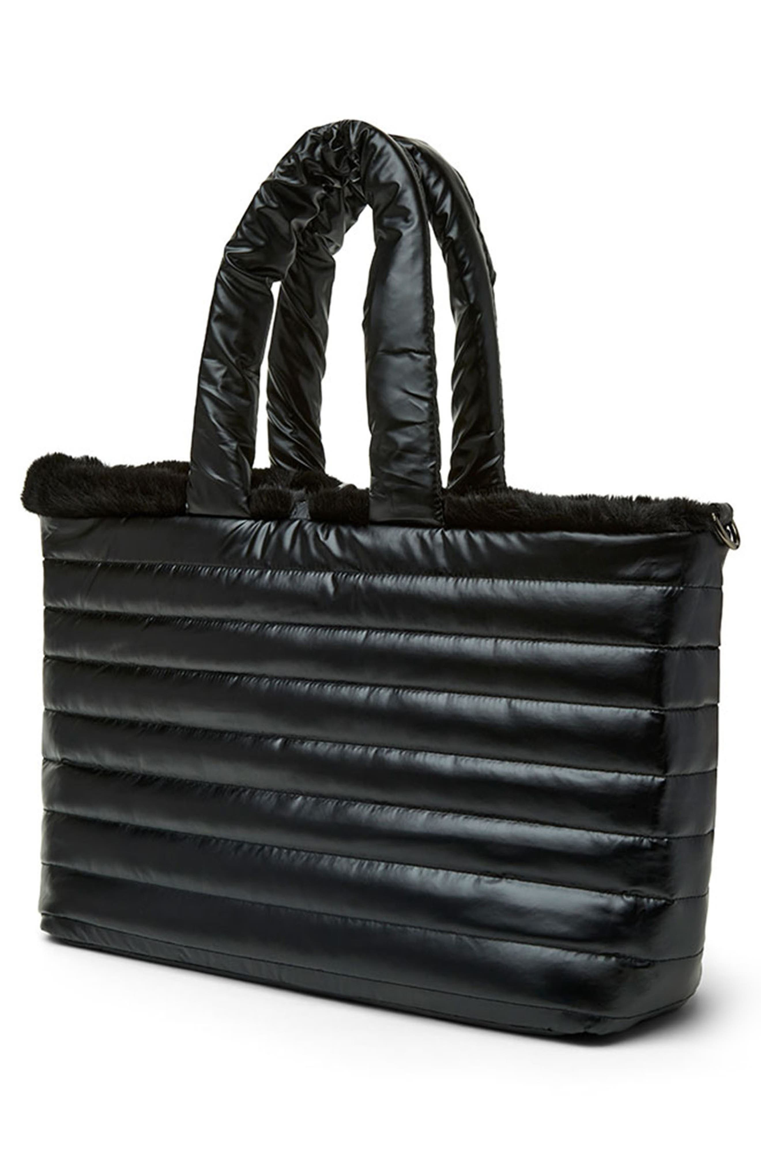 THINK ROYLN Duplex Reversible Faux Fur Trim Tote & Pouch, Alternate, color, Pearl Black/ Black Faux Fur