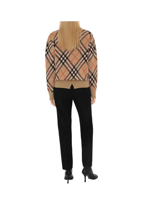 Burberry Plaid Crewneck Sweater With Ribbed Trims In Brown