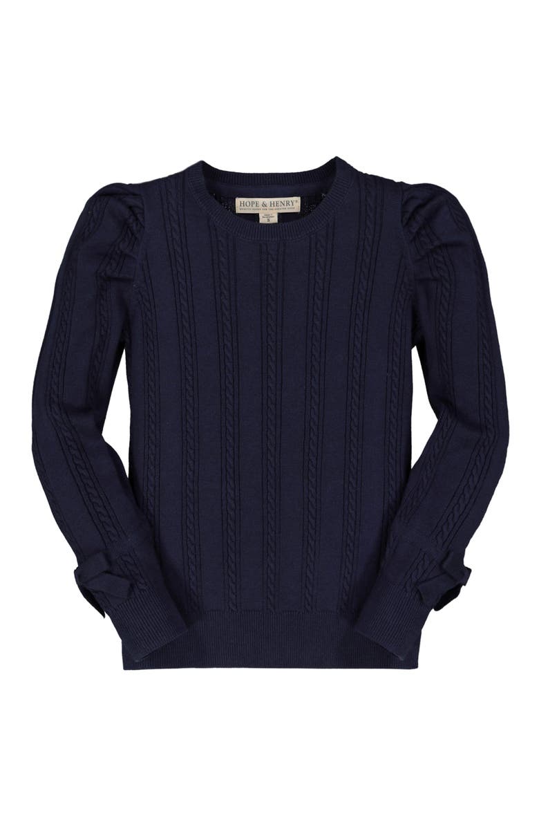 Hope & Henry Baby Girls' Puff Sleeve Sweater with Bows, Infant, Main, color, Navy Mini Cable