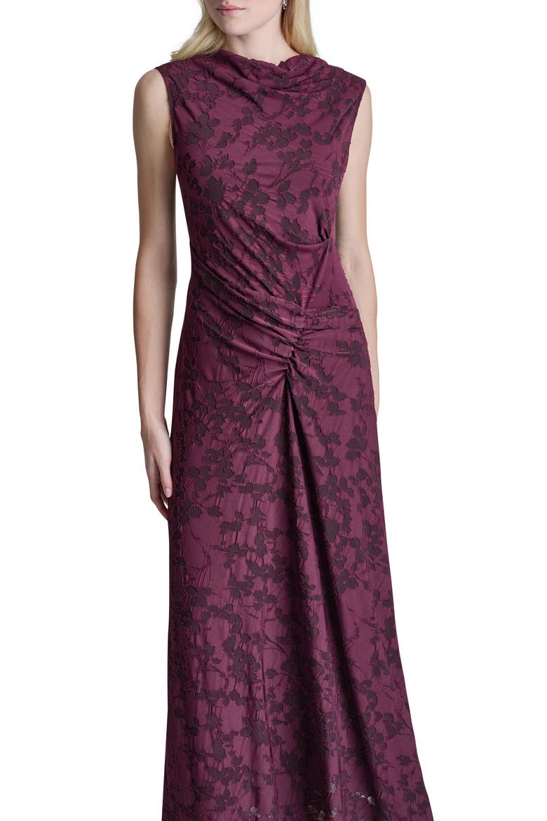 Sleeveless Side Ruched Jacquard Maxi Dress, Alternate, color, PLUM