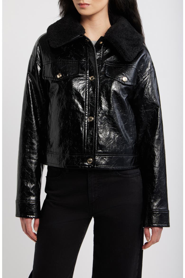 Faux Patent Leather & Faux Shearling Jacket, Alternate, color, BLACK