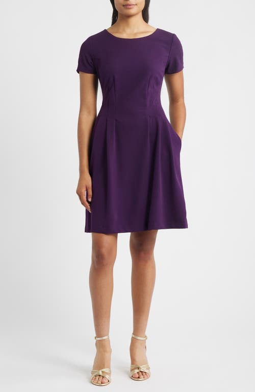 Connected Apparel Short Sleeve Pocket Fit & Flare Dress in Aubergine 