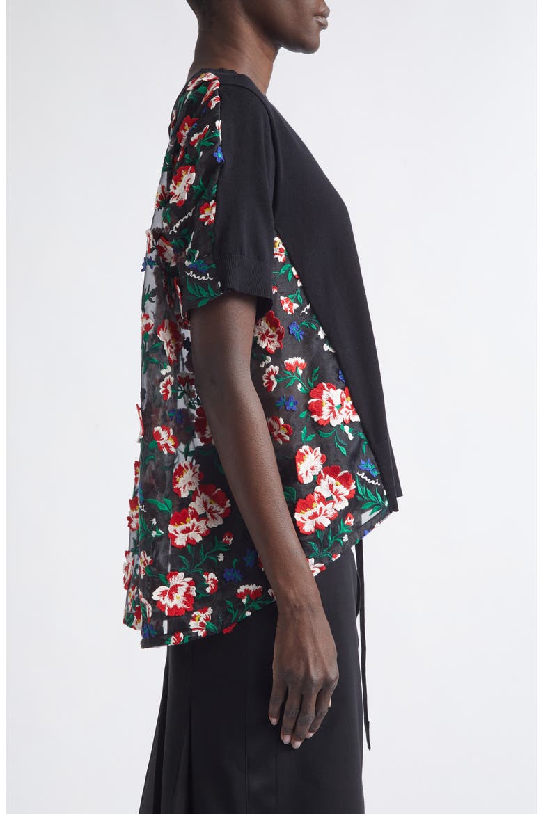 Mixed Media Embroidered Organza & Cotton Blend Pullover Sweater, Alternate, color, BLACK