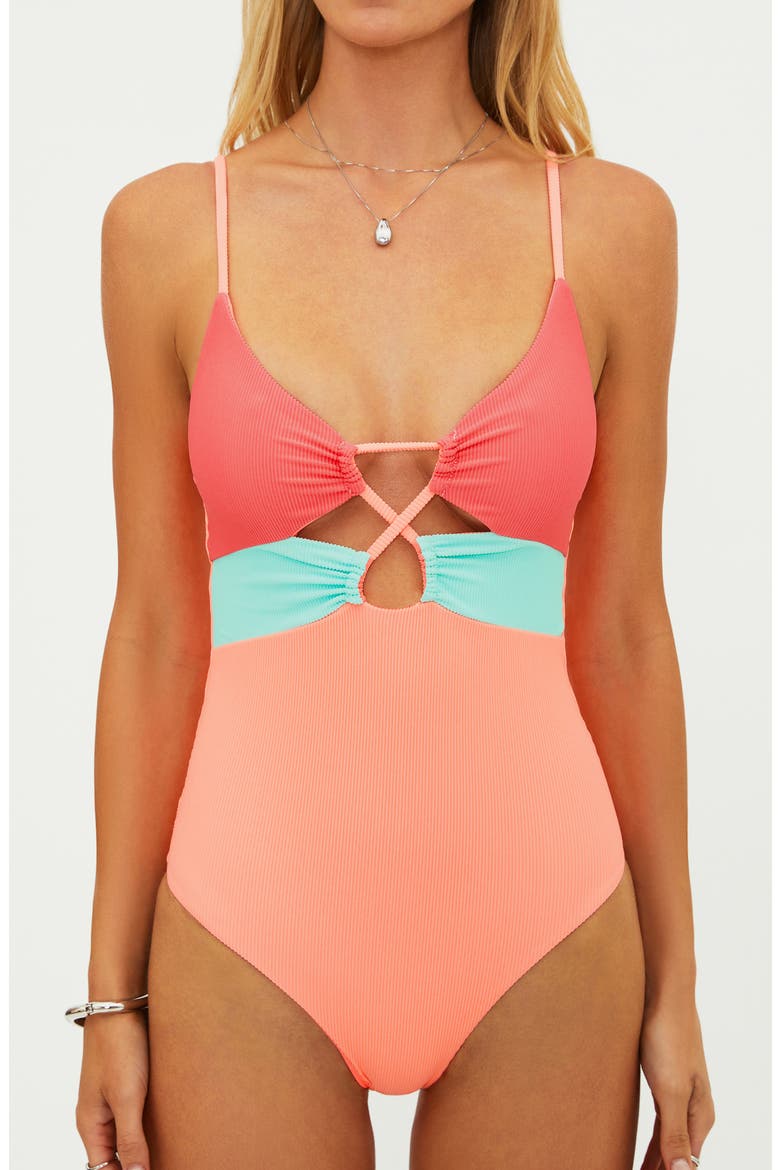 Leslie Cutout One-Piece Swimsuit, Alternate, color, GUAVA JELLY COLORBLOCK