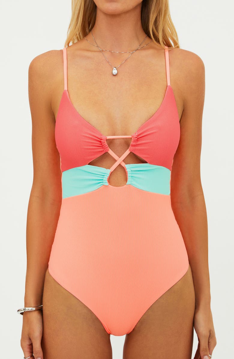 Beach Riot Leslie Cutout One-Piece Swimsuit, Alternate, color, Guava Jelly Colorblock