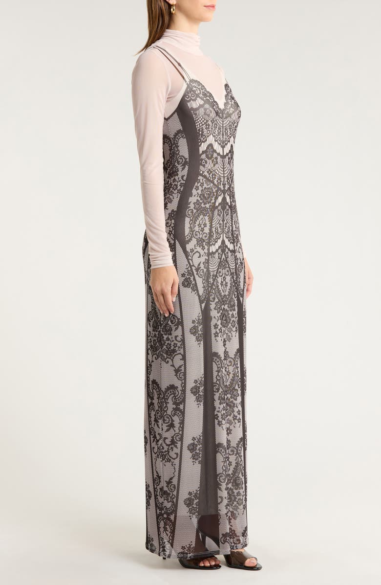 AFRM Billie Trompe l'Oeil Long Sleeve Mesh Maxi Dress, Alternate, color, Corset Slip