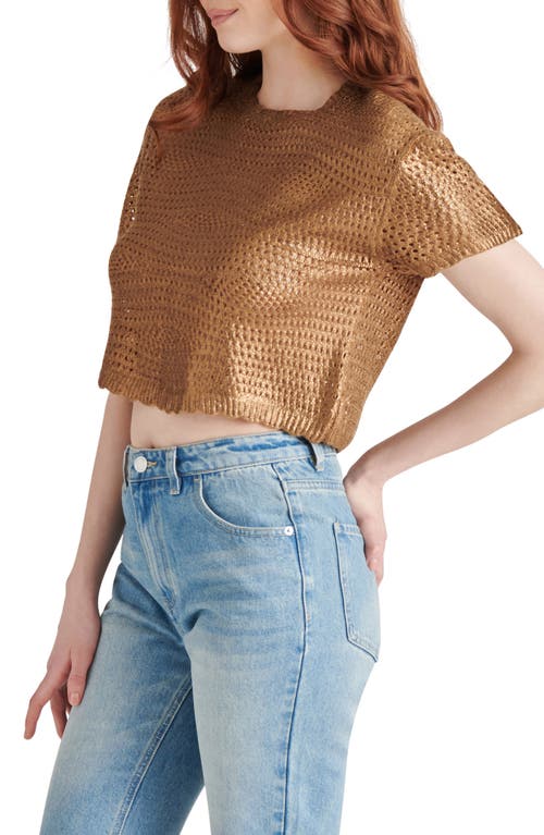 Steve Madden Biana Metallic Open Stitch Short Sleeve Crop Sweater In Caramel Cafe