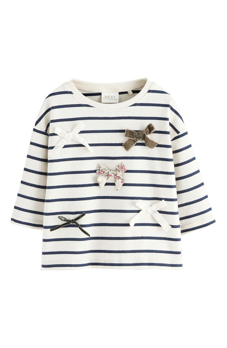 NEXT Kids' Stripe Bow Appliqué Cotton Top, Main, color, Neutral