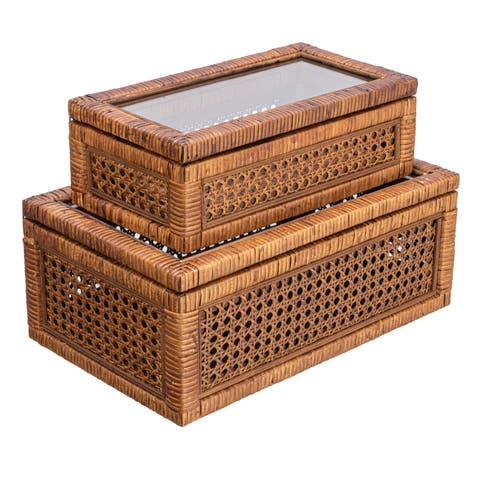 Modern Decorative Rectangle Woven Rattan and Wood Display Boxes with Glass Top