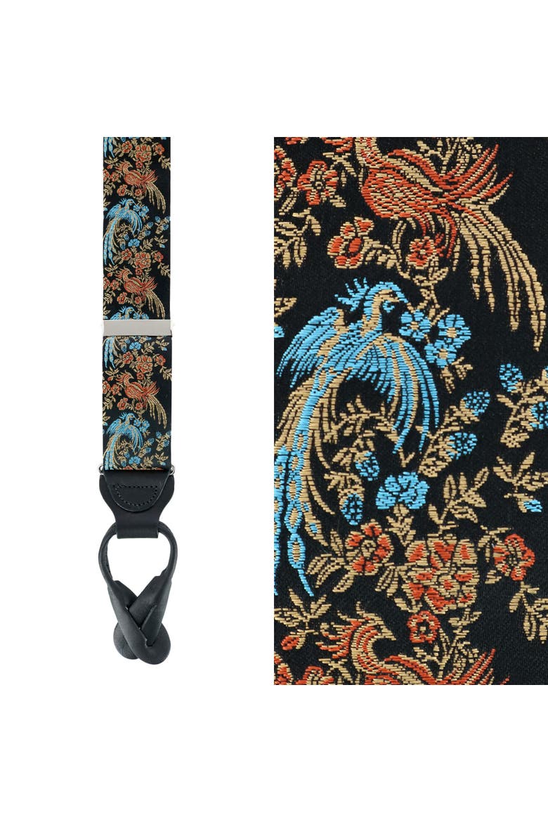 Birds of Prosperity Silk Button End Suspenders (Braces) and Necktie Set, Alternate, color, Black