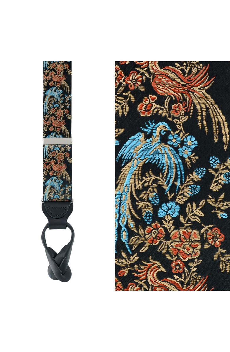 Trafalgar Birds of Prosperity Silk Button End Suspenders (Braces) and Necktie Set, Alternate, color, Black