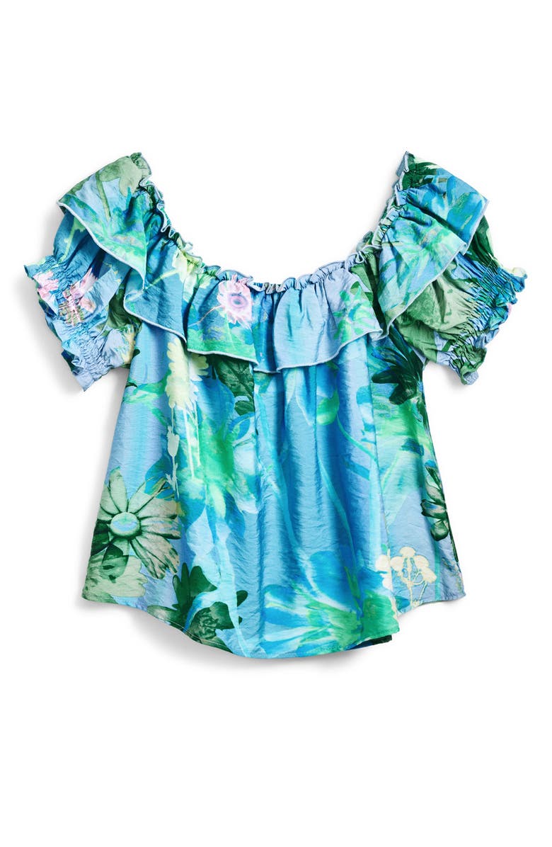 Desigual Ruffle Off the Shoulder Crinkle Satin Top, Alternate, color, Water Green