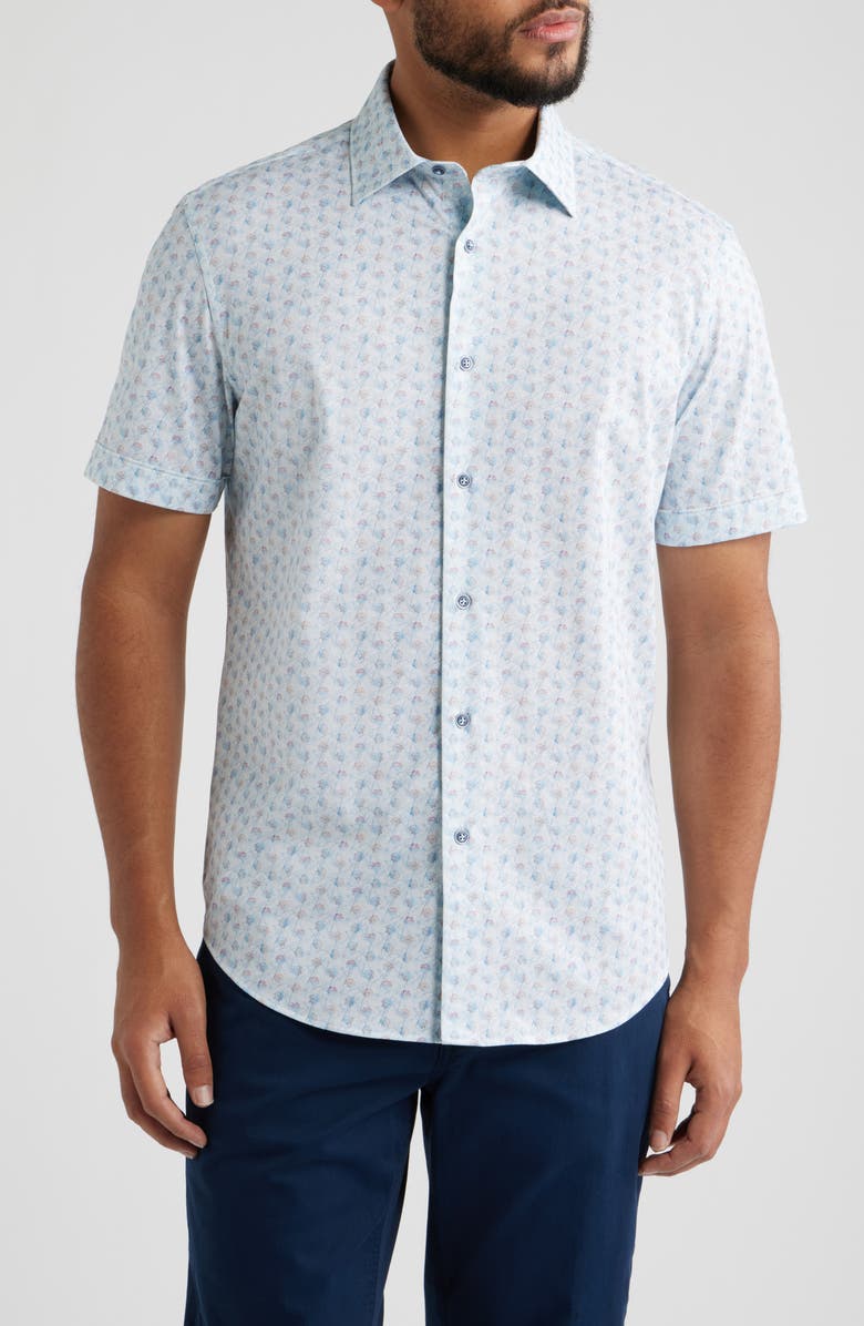 Bugatchi Miles OoohCotton<sup>®</sup> Floral Short Sleeve Button-Up Shirt, Main, color, Vista Blue