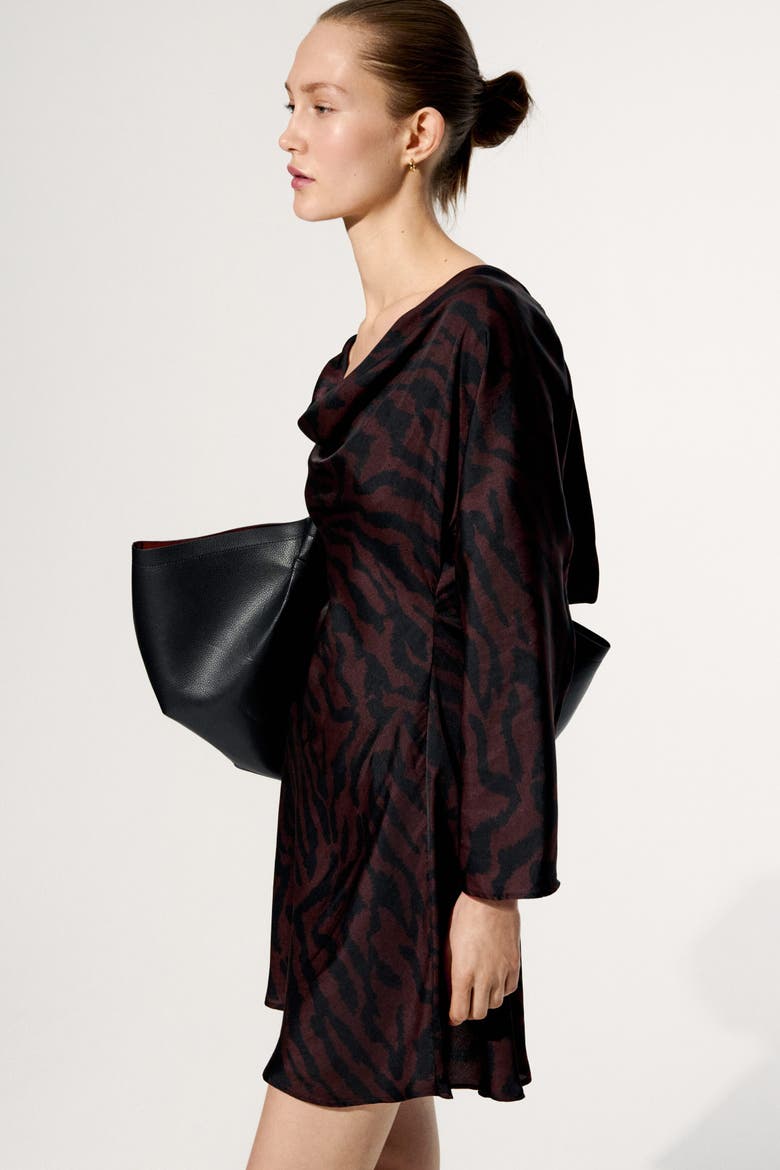 Flared-skirt Cowl-neck Dress, Alternate, color, Dark brown/zebra print