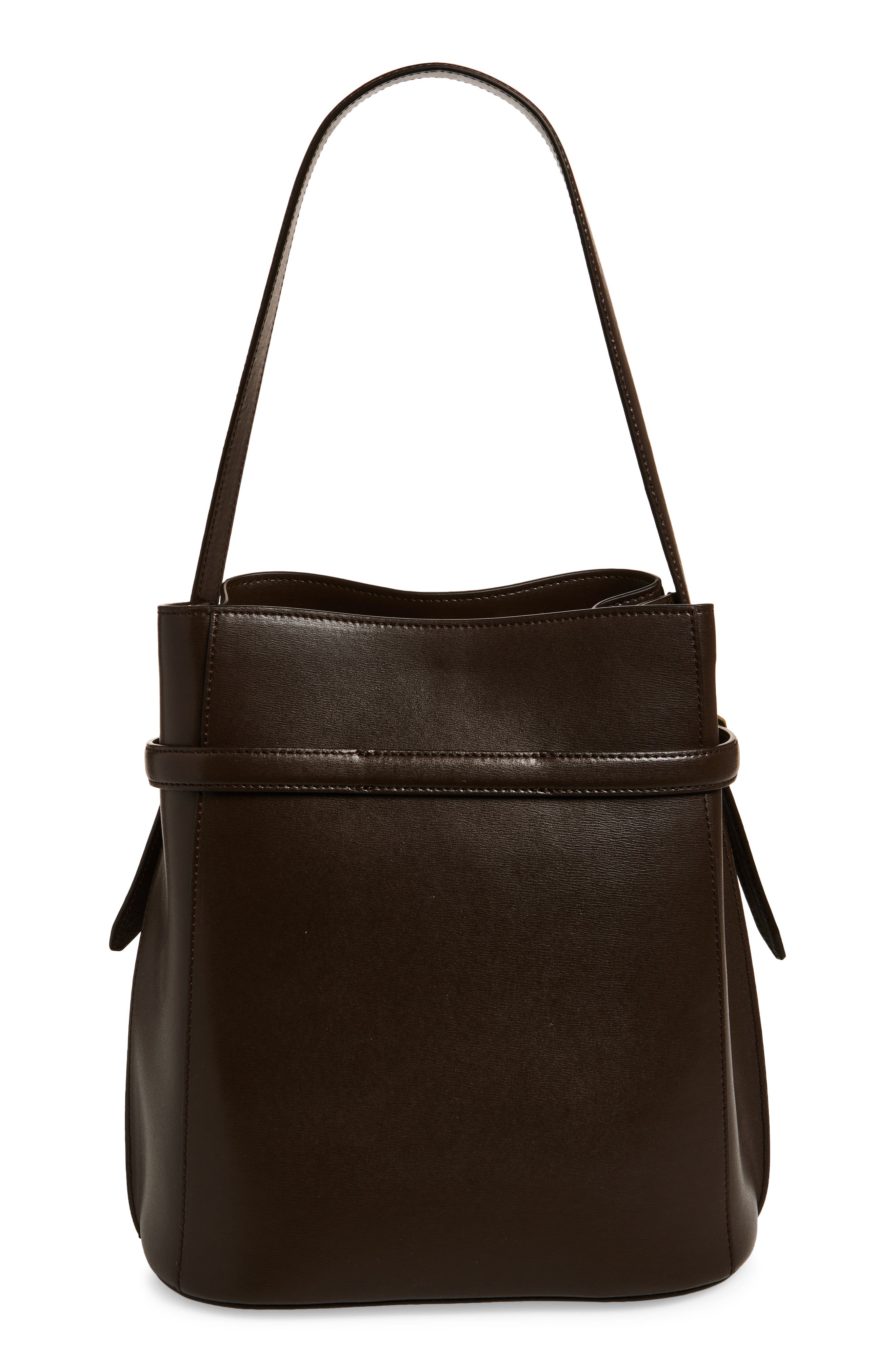 Belted Leather Bucket Bag, Alternate, color, BARK