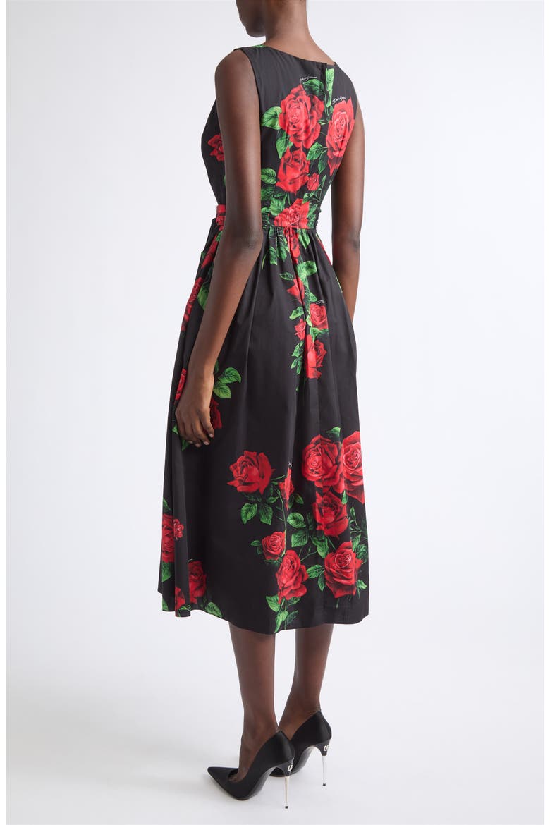 Rose Print Cotton Poplin Midi Dress, Alternate, color, ROSE ROSSE F.NERO