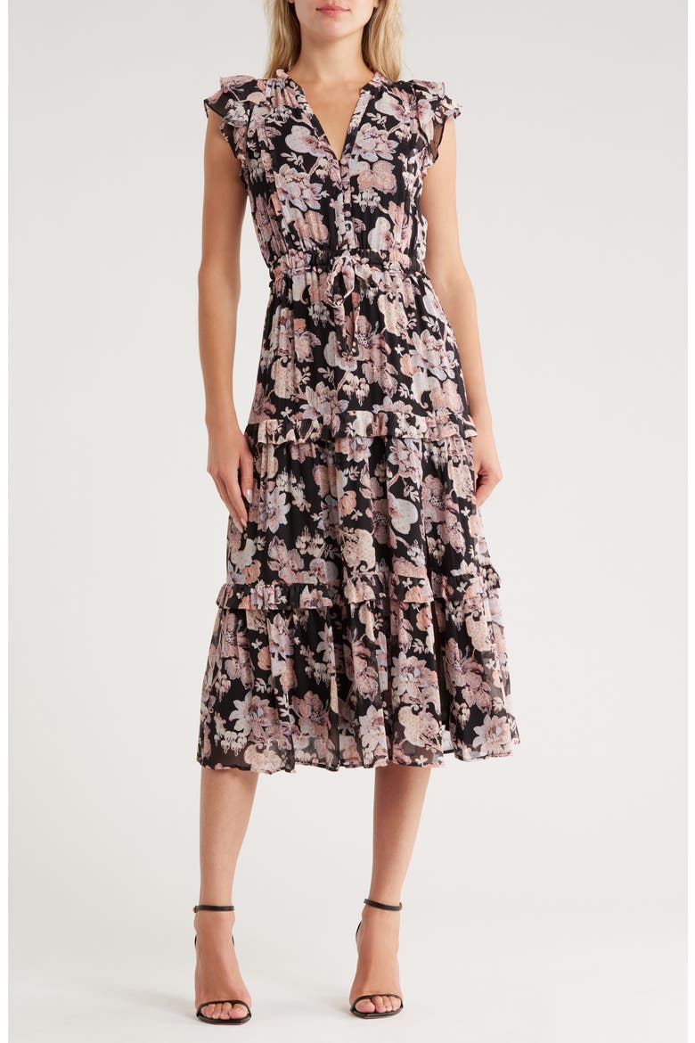 Rozlyn Floral Midi Dress, Main, color, BLACK MULTI