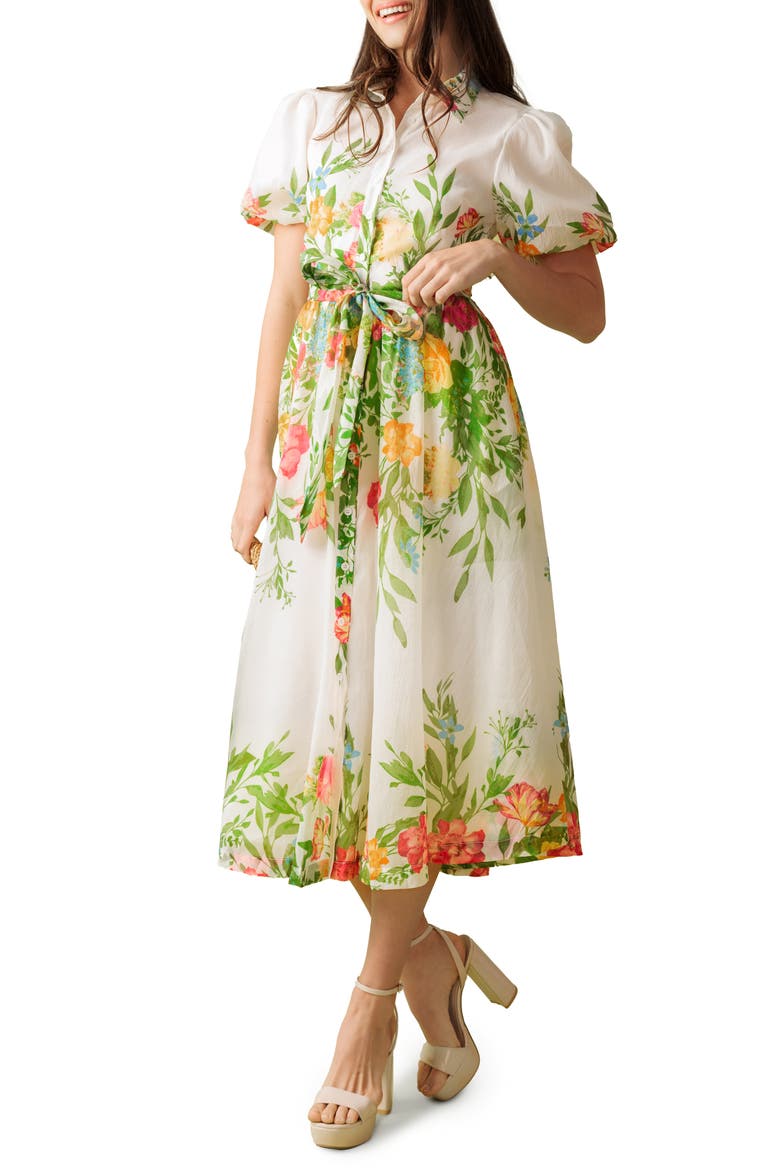 Floral Short Sleeve Midi Shirtdress, Alternate, color, IVORY