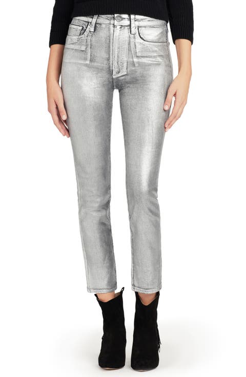 Jeans The Luna Metallic Lacquer High Waist Ankle Straight Leg Jeans (Silver)