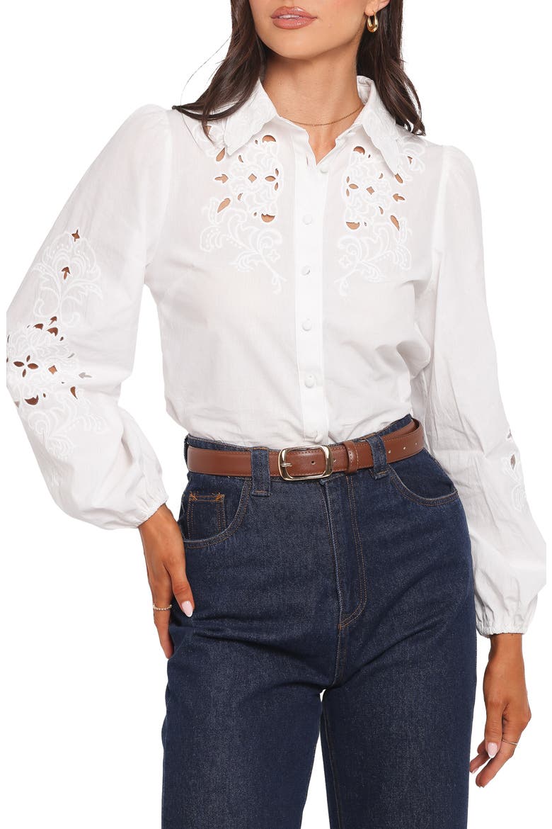 Aeloria Eyelet Button-Up Shirt, Main, color, WHITE EMBROIDERY