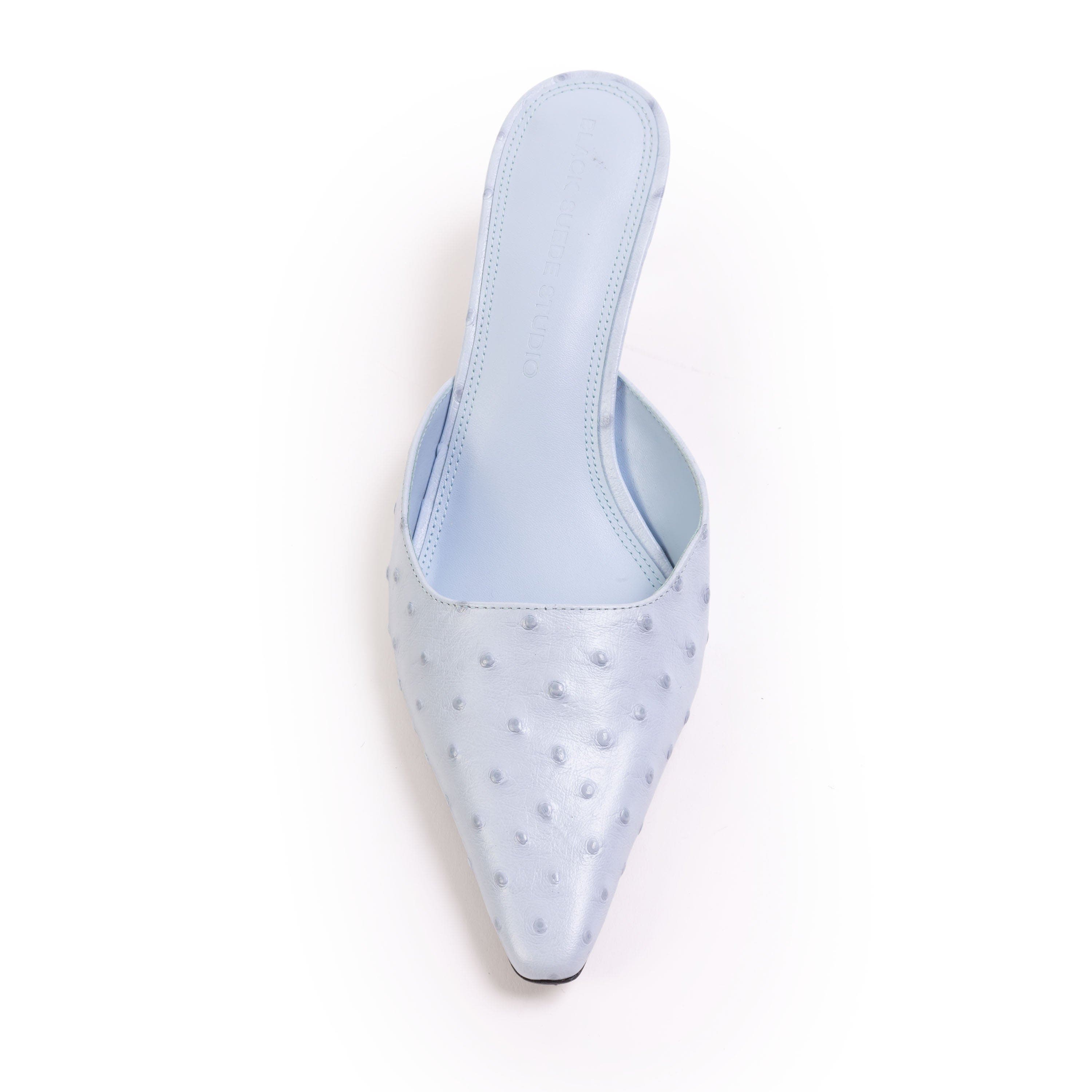 BLACK SUEDE STUDIO Riley 50 Ostrich Mule, Alternate, color, Sky Ostrich Leather