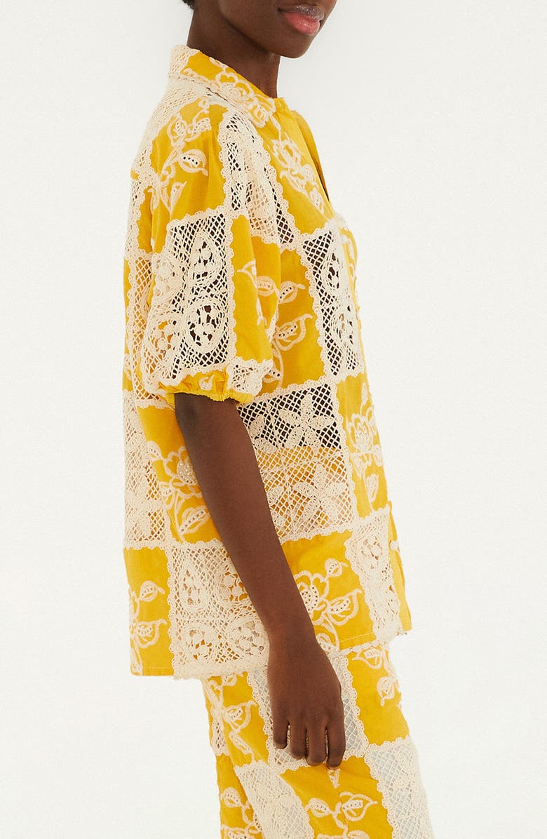 FARM Rio Lace Patchwork Cotton Button-Up Shirt, Alternate, color, Off-White/ Yellow