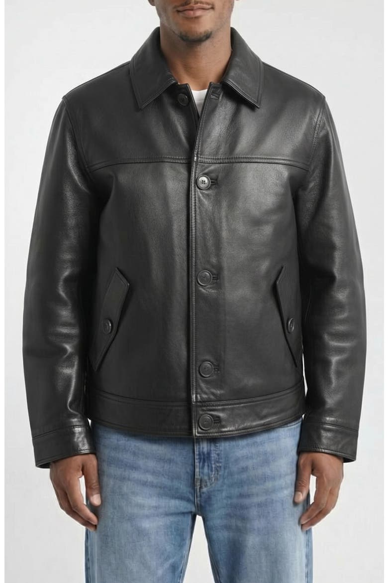 Genuine Leather Trucker Jacket, Alternate, color, BLACK