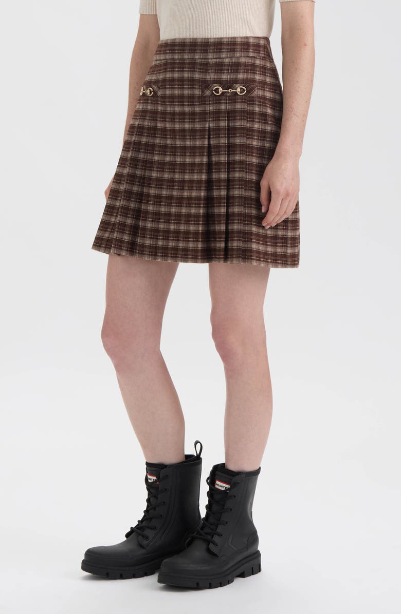 Hunter Plaid Pleated Horsebit Miniskirt, Alternate, color, Brown