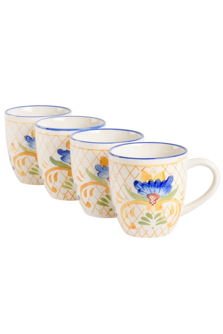 Tierra Tile 4 Piece 17.4 Ounce Hand Painted Stoneware Mug Set, Alternate, color, White and Multi