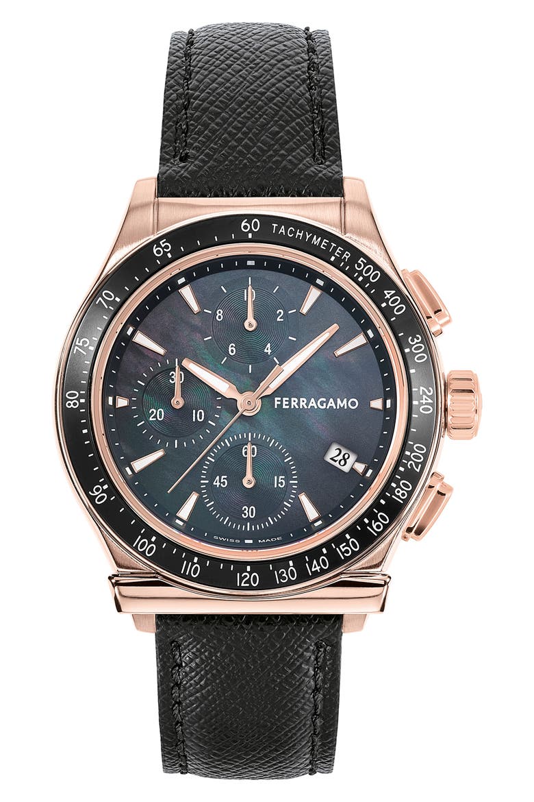 1927 Chronograph Leather Strap Watch, 38mm, Main, color, IP ROSE GOLD