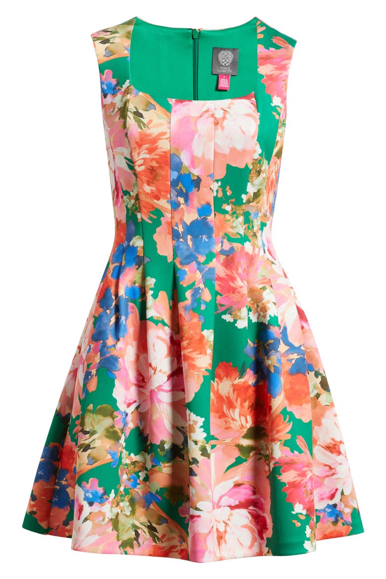 Floral Pleated Scuba Knit Fit & Flare Dress, Alternate, color, GREEN