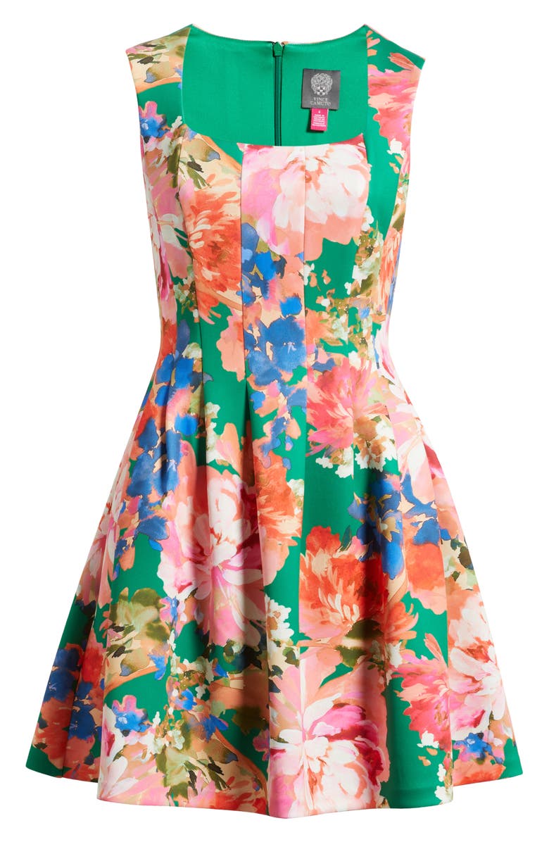 Vince Camuto Floral Pleated Scuba Knit Fit & Flare Dress, Alternate, color, 