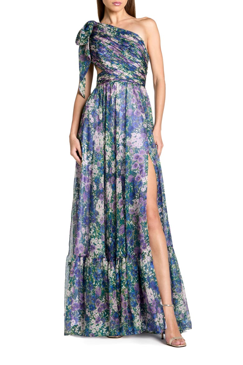 Floral One-Shoulder Cutout Chiffon Evening Gown, Main, color, Lilac Multi