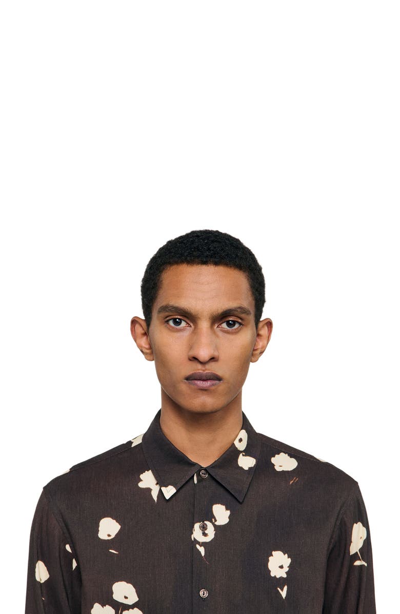 SANDRO Floral print linen shirt, Alternate, color, Chocolate