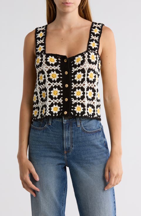 Floral Patch Crochet Button Front Tank