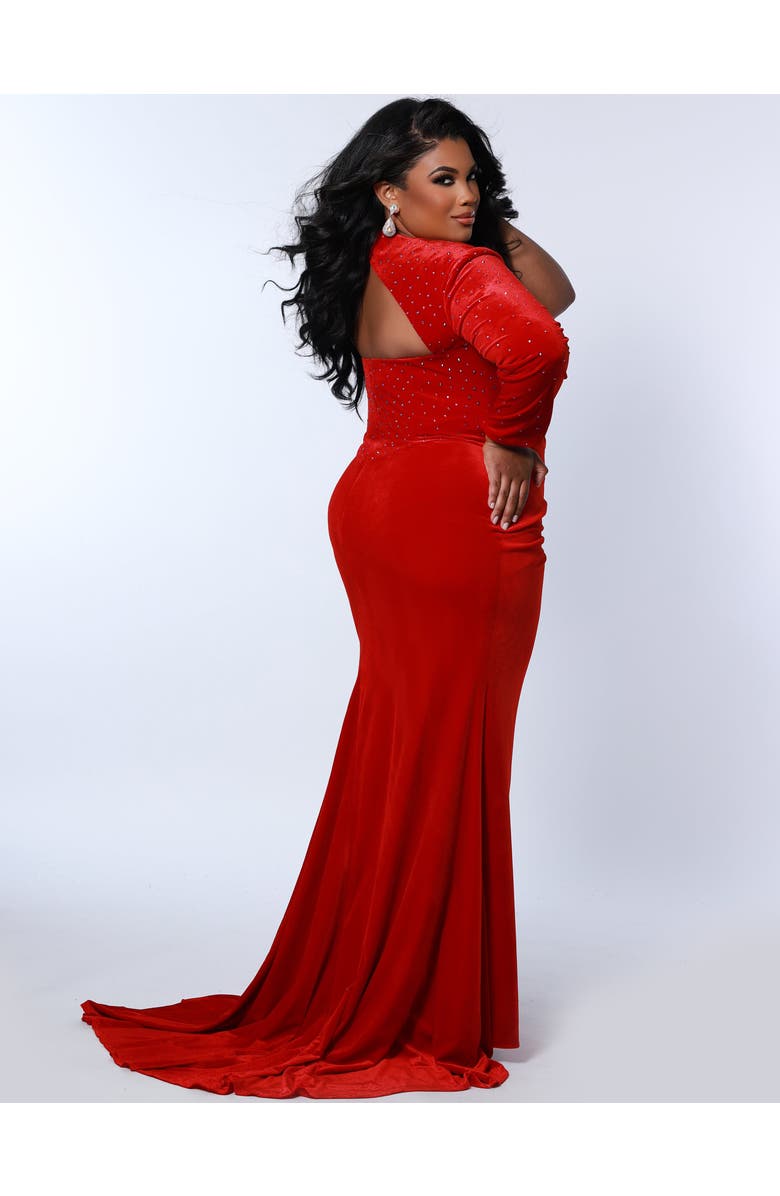 Johnathan Kayne for Sydney's Closet One Shoulder Velvet Long Sleeve Plus Size Evening Gown, Alternate, color, Crimson