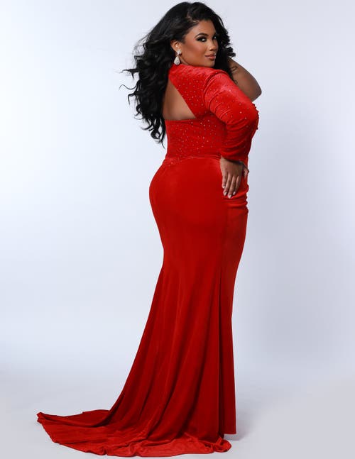 Johnathan Kayne For Sydneys Closet Johnathan Kayne For Sydney's Closet One Shoulder Velvet Long Sleeve Plus Size Evening Gown In Crimson