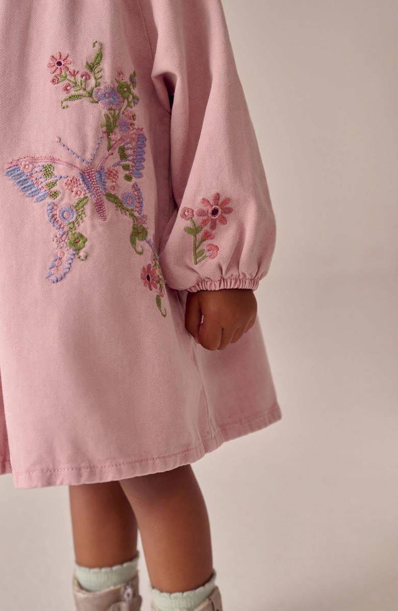 NEXT Kids' Butterfly Embroidered Long Sleeve Denim Shirtdress, Alternate, color, Pink
