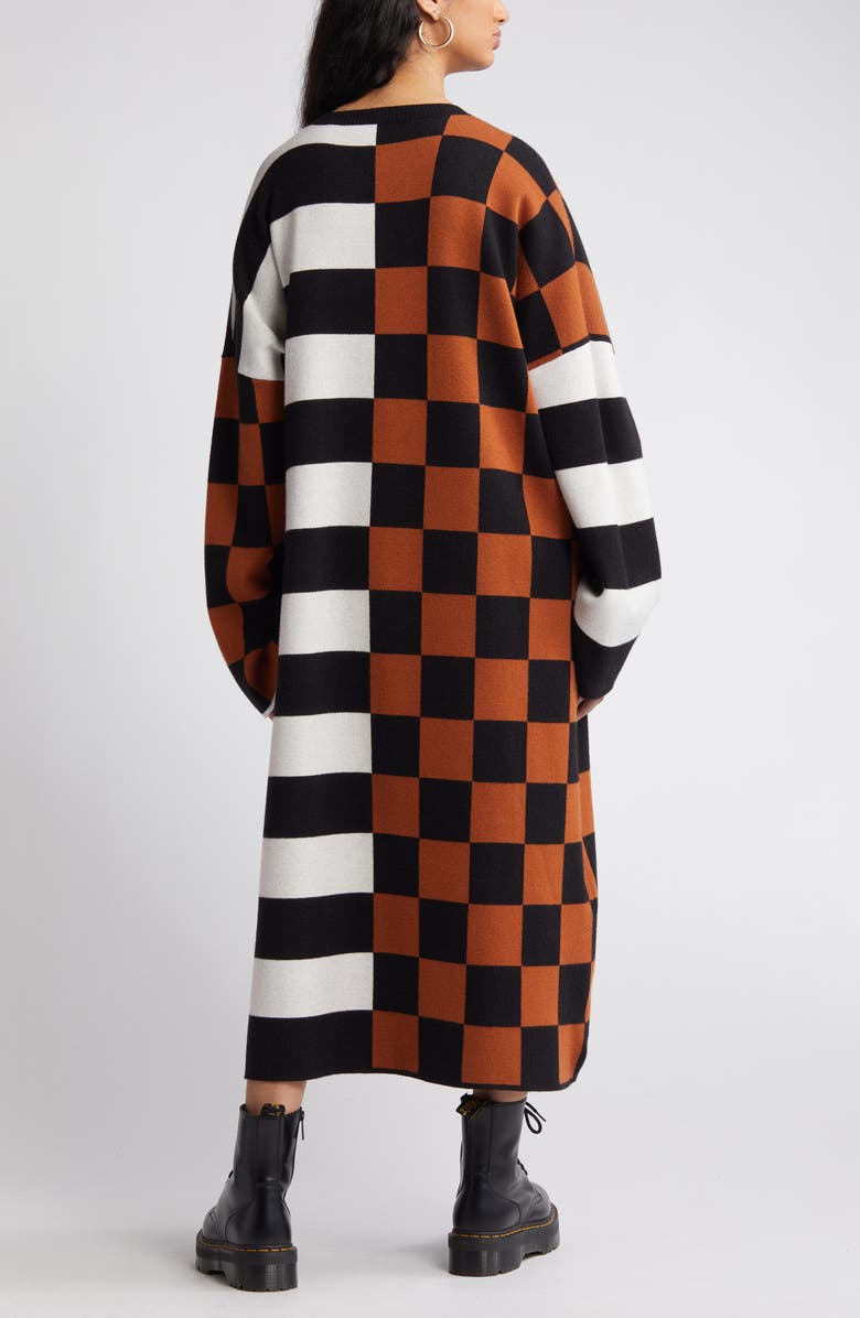 Dressed in Lala Check & Stripe Long Sleeve Sweater Dress, Alternate, color, Black Brown White