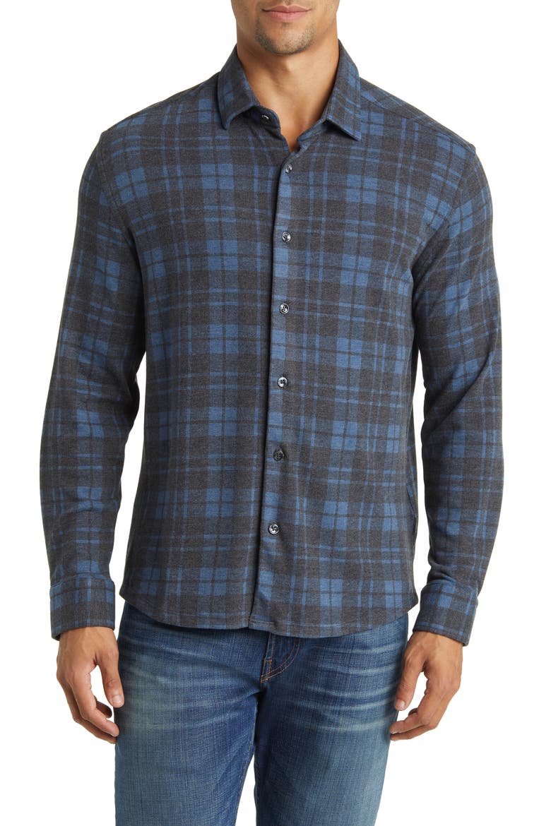 Lumberjack Plaid Wrinkle Resistant Tech Fleece Button-Up Shirt, Main, color, NAVY