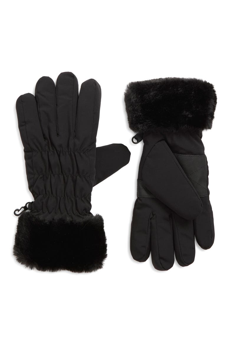 Kids' Faux Fur Trim Nylon Gloves, Main, color, BLACK/ BLACK